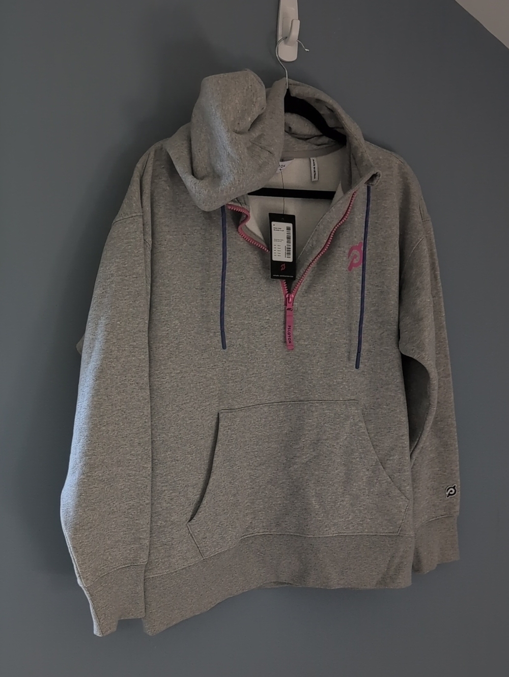 Peloton Gray Hoodie with Pink Zipper and Blue Drawstrings